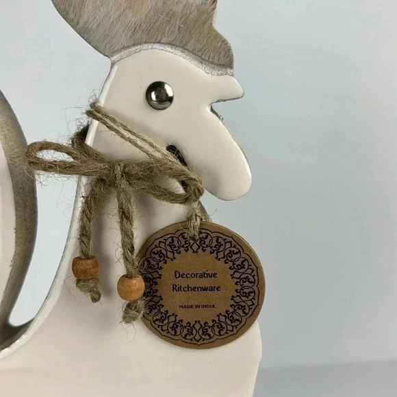 11.5”tall wooden chicken beige and white FARMHOUSE DECOR ON A ROCKING BASE - Picture 2 of 8